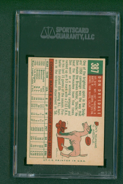 1959 Topps Baseball Card - #387 Don Drysdale, SGC 6 EX/NM
