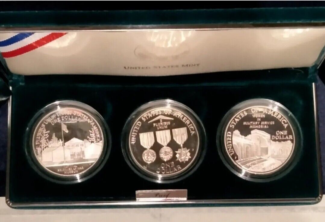1994 US Veterans Commemorative Silver Dollars Proof 3 Coin Set w/ Box & CoA