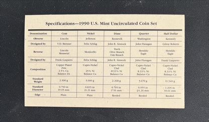 1990 P & D United States Mint Set Uncirculated 10 Coins Original Cello Packaging