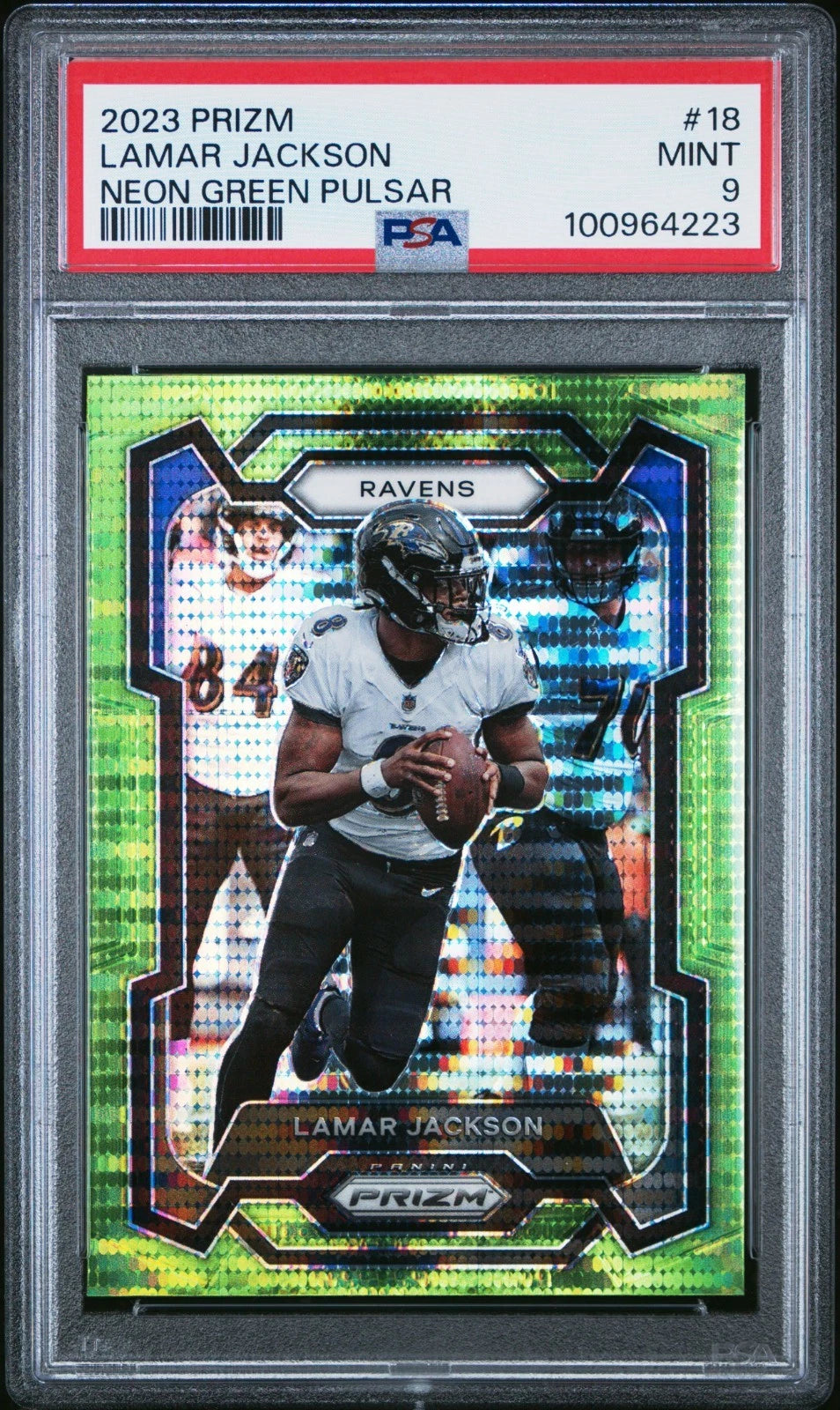 2023 Panini Prizm – Lamar Jackson #18 Neon Green Pulsar Prizm (PSA 9)