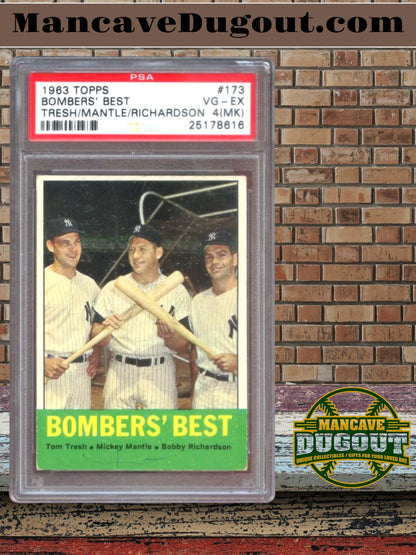 1963 Topps #173 Bombers’ Best – Mantle / Tresh / Richardson – PSA 4