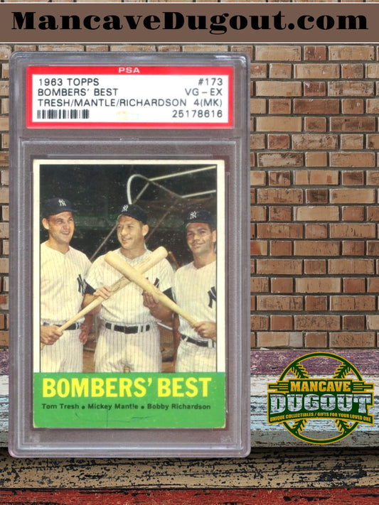 1963 Topps #173 Bombers’ Best – Mantle / Tresh / Richardson – PSA 4