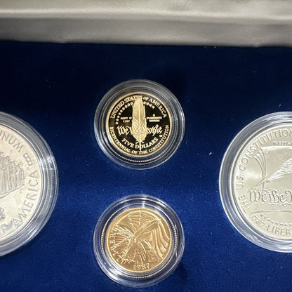 1987 4-Coin US Constitution $5 Gold & Silver Dollar Set Proof &In Box w/ COA