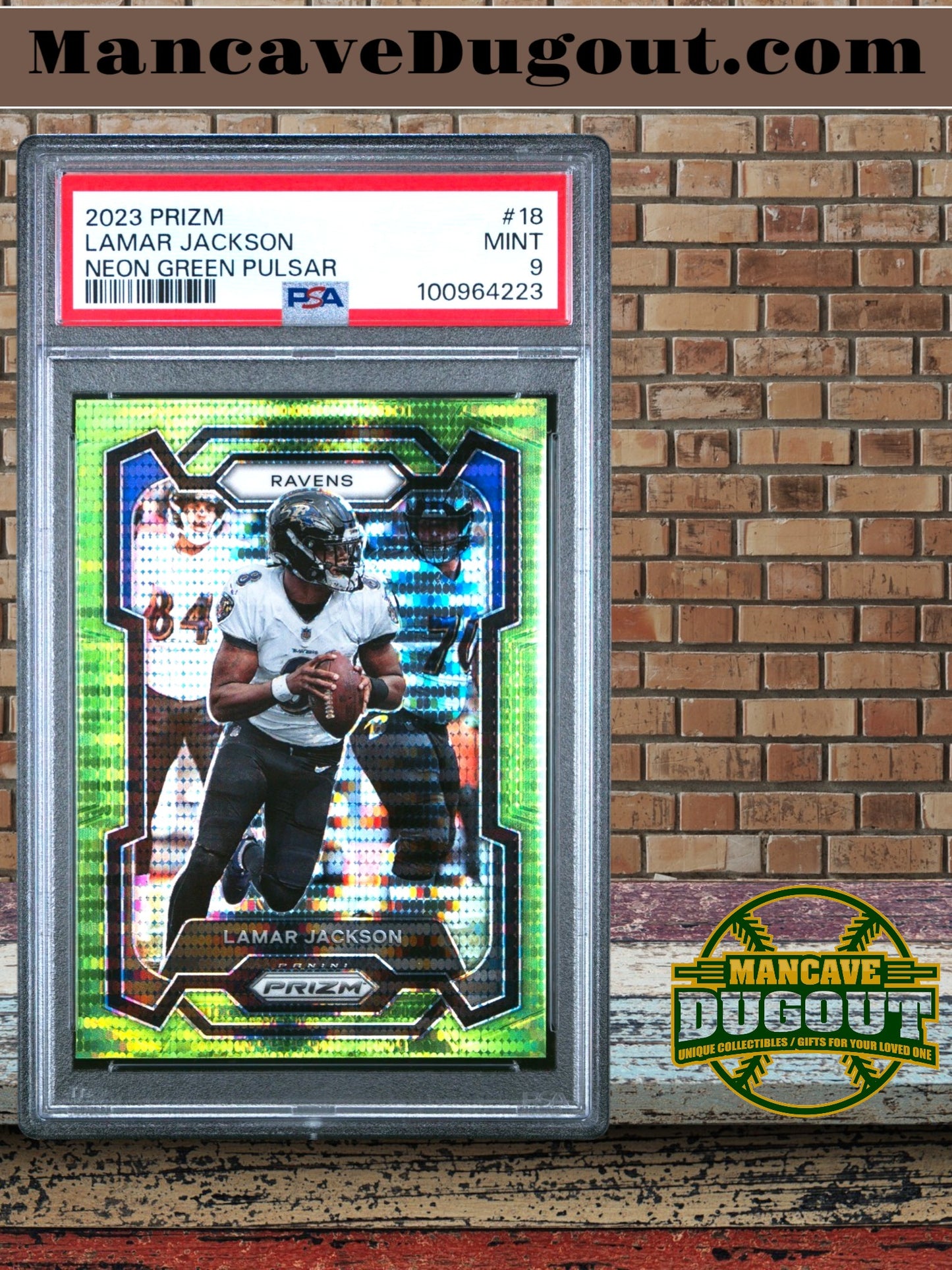 2023 Panini Prizm – Lamar Jackson #18 Neon Green Pulsar Prizm (PSA 9)