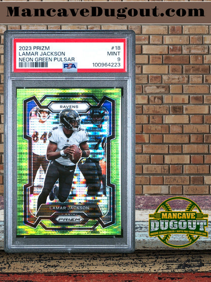2023 Panini Prizm – Lamar Jackson #18 Neon Green Pulsar Prizm (PSA 9)