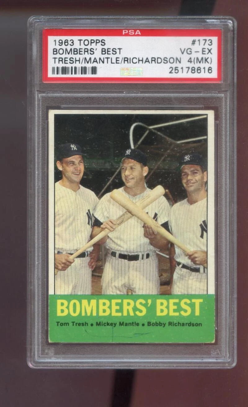 1963 Topps #173 Bombers’ Best – Mantle / Tresh / Richardson – PSA 4