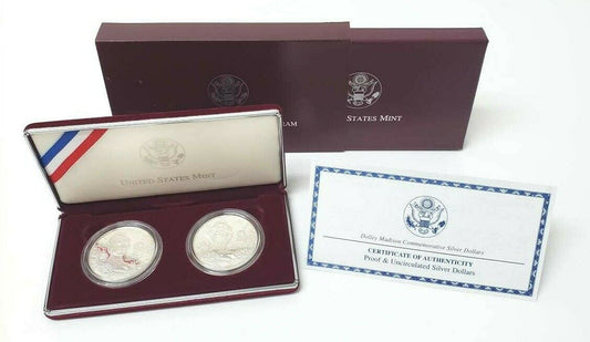 1999 US Mint Silver 2 coin Set Dolley Madison, 1 Proof + 1 UNC, US Mint PKG/COA