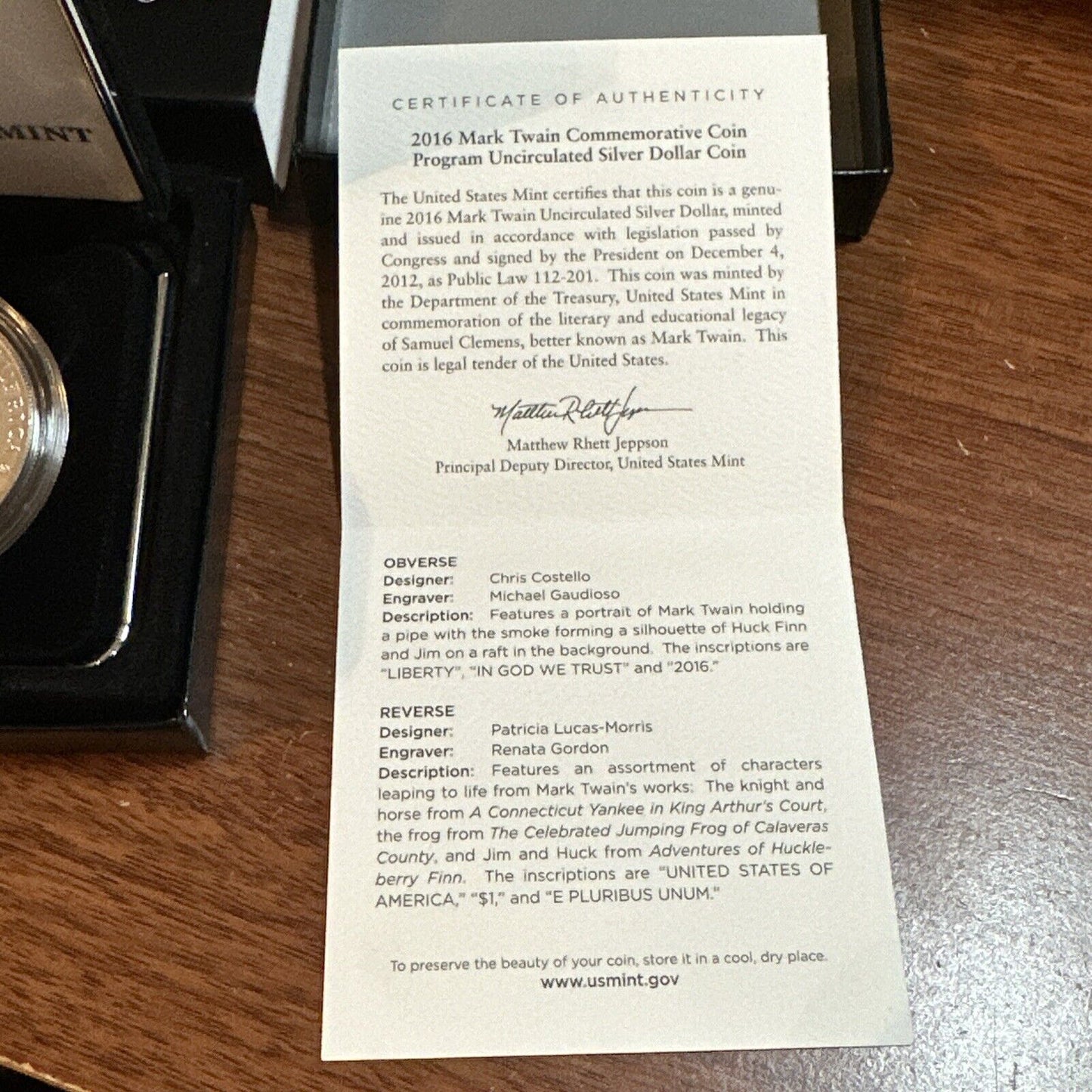 2016 P Mark Twain $1 Silver Dollar MS/UNC Commemorative Coin w/Box & COA