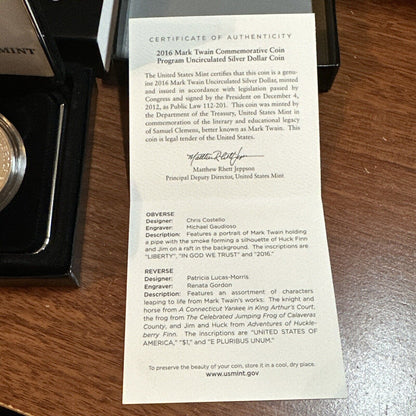 2016 P Mark Twain $1 Silver Dollar MS/UNC Commemorative Coin w/Box & COA