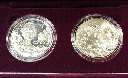 1999 US Mint Silver 2 coin Set Dolley Madison, 1 Proof + 1 UNC, US Mint PKG/COA