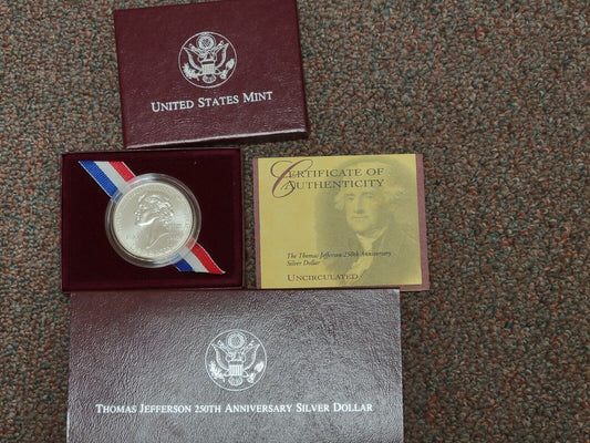 1993 P Thomas Jefferson 250th UNCIRC Silver Dollar Commemorative $1 Coin Box COA