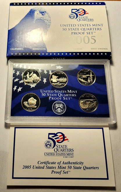 2005 US STATE QUARTER 5 COIN PROOF SET IN US MINT PACKAGING & COA