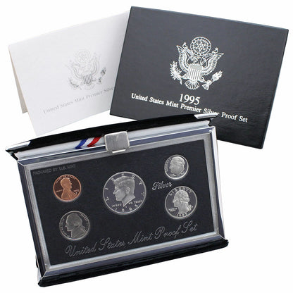 1995-S U.S. Mint Complete SILVER Premier Proof Set 5 Gem Coins with Box and COA