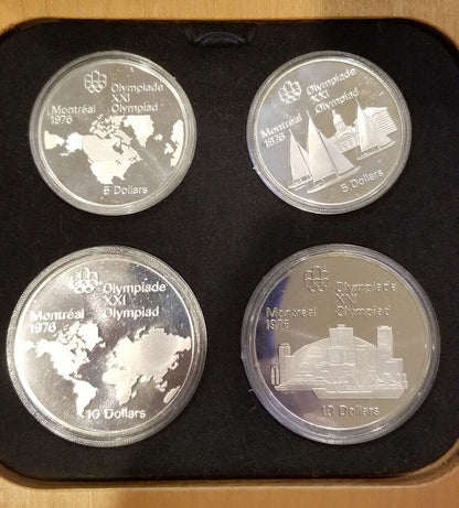 1976 - Canada 4 pc Olympic Coins, Series 1, Gem Cameo Proof w/Wooden Case.