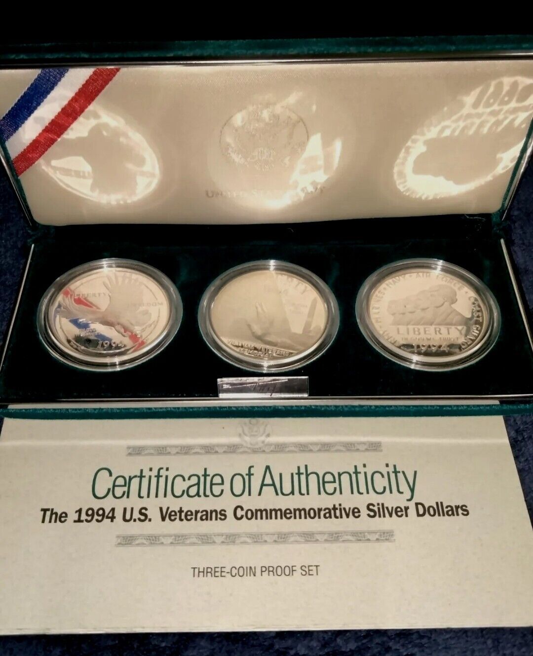 1994 US Veterans Commemorative Silver Dollars Proof 3 Coin Set w/ Box & CoA
