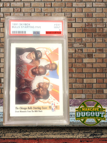 1991 SkyBox #337 Chicago Bulls Starting 5 – PSA 9 Mint - Jordan • Pippen • Grant • Paxson • Cartwright