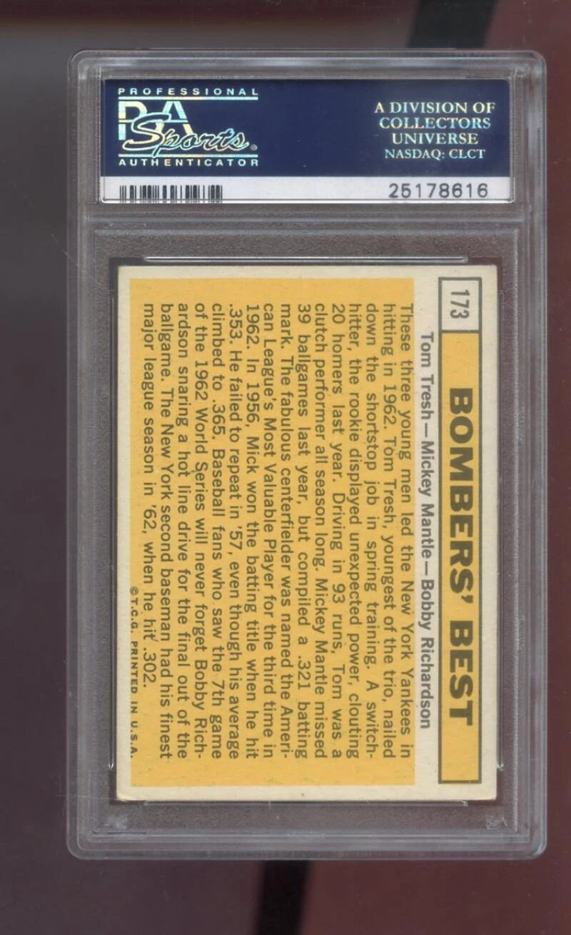 1963 Topps #173 Bombers’ Best – Mantle / Tresh / Richardson – PSA 4