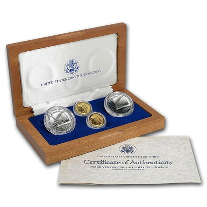 1987 4-Coin US Constitution $5 Gold & Silver Dollar Set Proof &In Box w/ COA