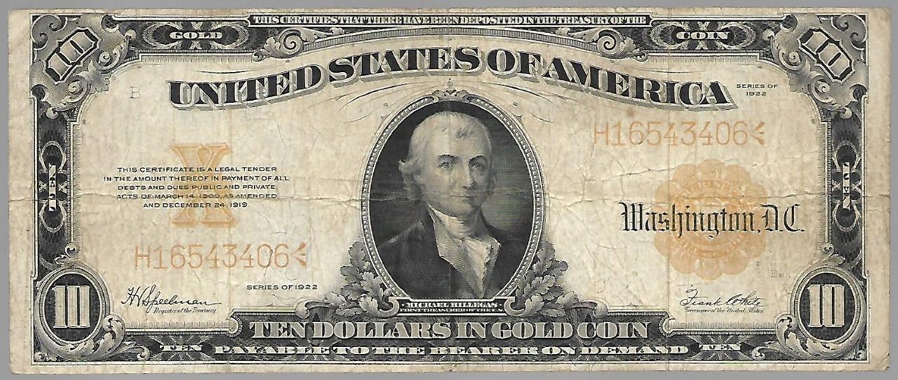 1922 $ 10 DOLLARS GOLD CERTIFICATE NOTE FR 1173 VF