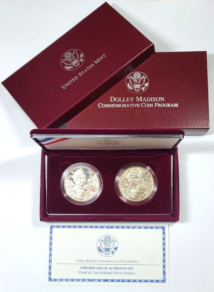 1999 US Mint Silver 2 coin Set Dolley Madison, 1 Proof + 1 UNC, US Mint PKG/COA