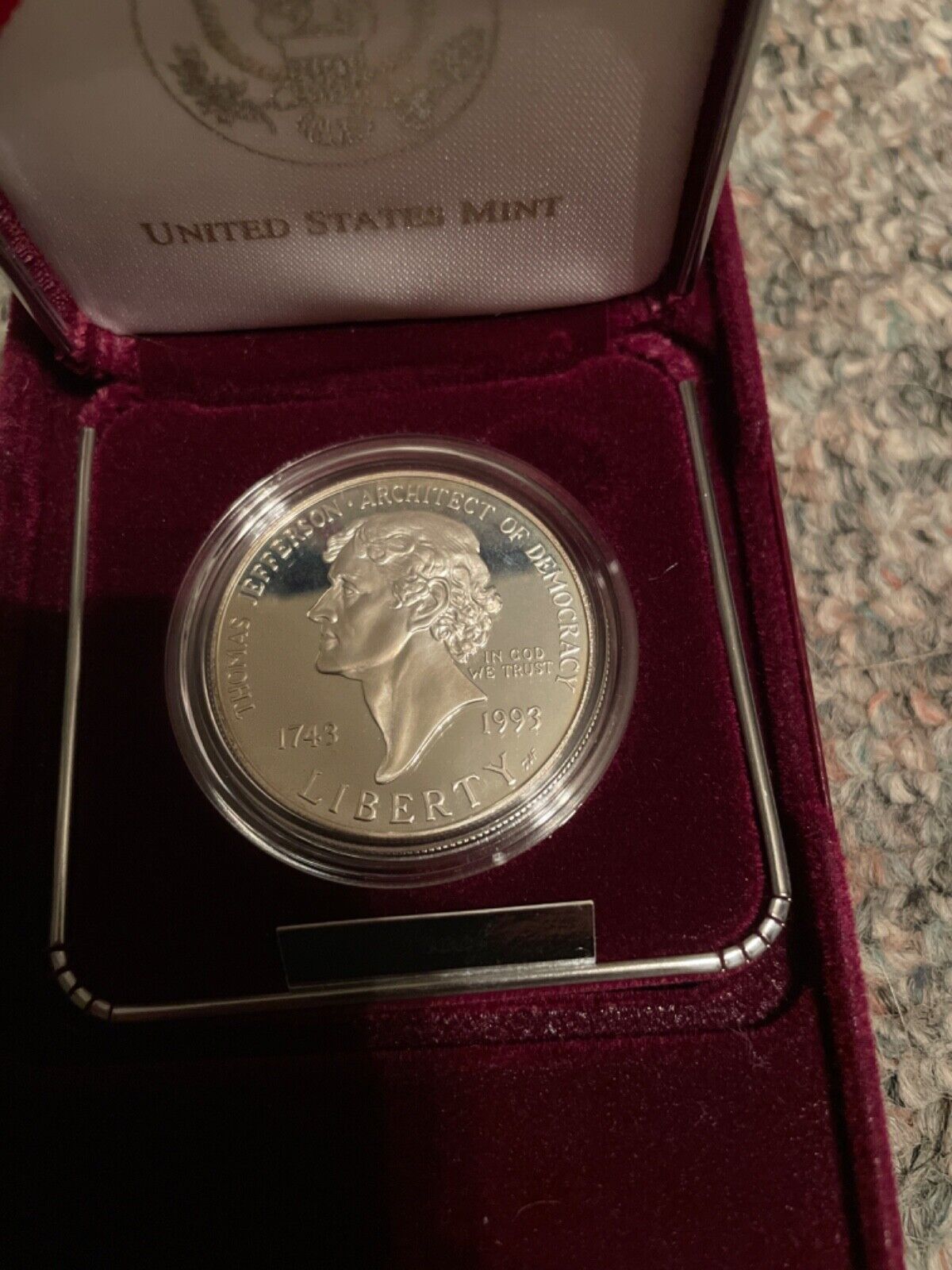 1993 S Thomas Jefferson 250th Anniversary Proof Silver Dollar Coin w/Box