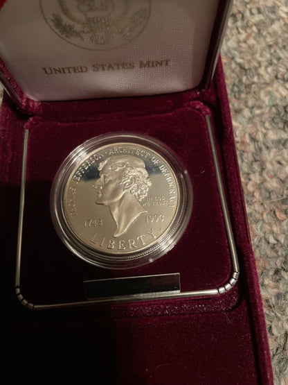 1993 S Thomas Jefferson 250th Anniversary Proof Silver Dollar Coin w/Box