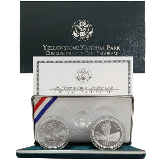 1999 Yellowstone Two-Coin Proof & Uncirculated Silver Dollar Set US Mint OGP