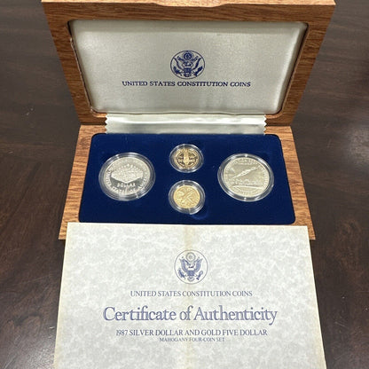 1987 4-Coin US Constitution $5 Gold & Silver Dollar Set Proof &In Box w/ COA