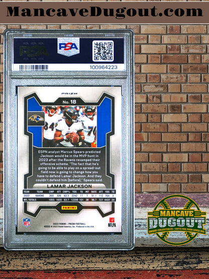 2023 Panini Prizm – Lamar Jackson #18 Neon Green Pulsar Prizm (PSA 9)
