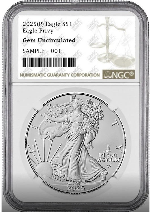2025 P Mint State Silver Eagle with Eagle Privy NGC Gem Uncirculated Brown