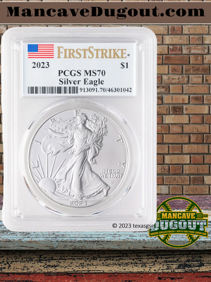 2023 $1 American Silver Eagle - PCGS MS70 • First Strike • Blue Flag Label • 1 oz .999 Fine Silver