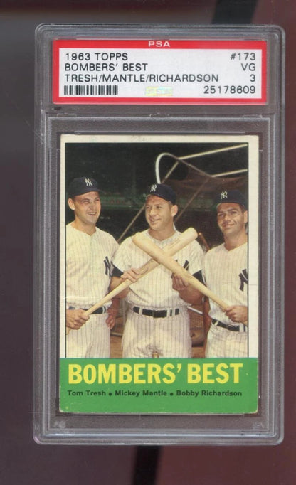 1963 Topps #173 Bombers’ Best – Mantle / Tresh / Richardson – PSA 3