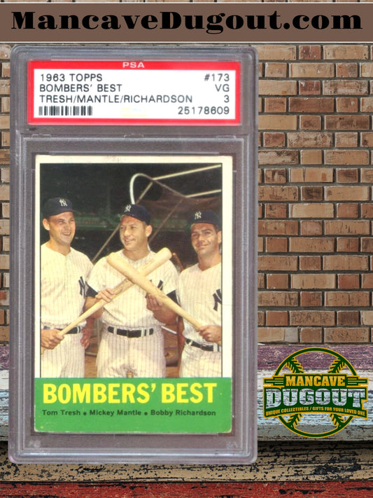 1963 Topps #173 Bombers’ Best – Mantle / Tresh / Richardson – PSA 3