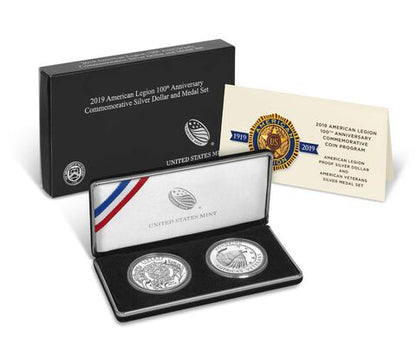 2019 - American Legion 100th Anniversary Proof Silver Dollar and Medal Set